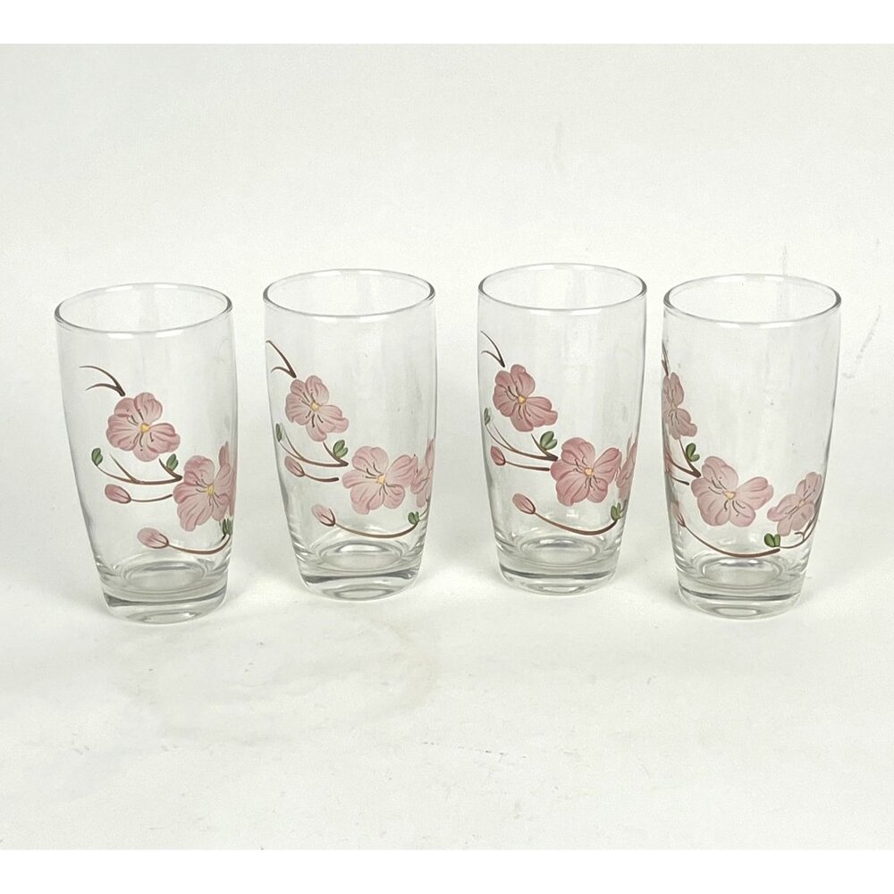 Set Of 4 Vintage Floral Glass Tumblers - Pink Cherry Blossom Design